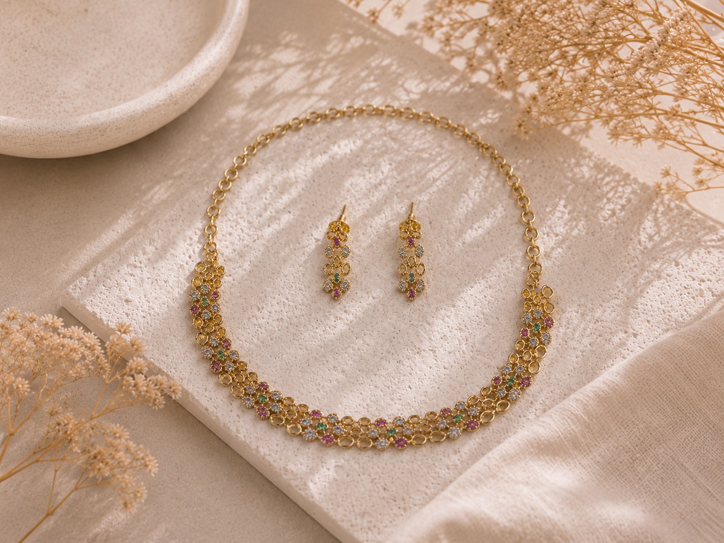 Aurora Bloom CZ Multicolor Stone Choker Set