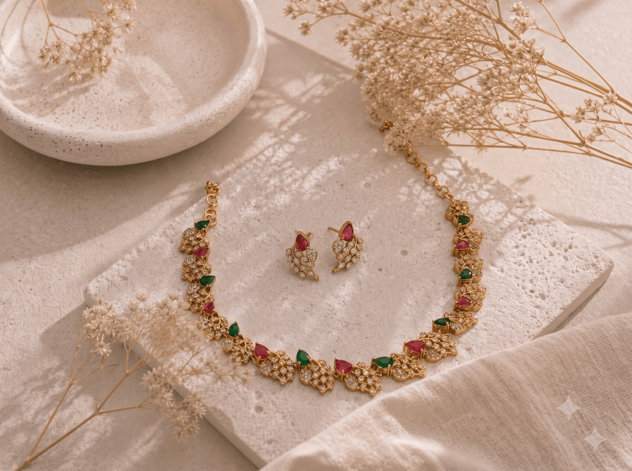 Ruby Green AD Stone Leaf Jewellery Set