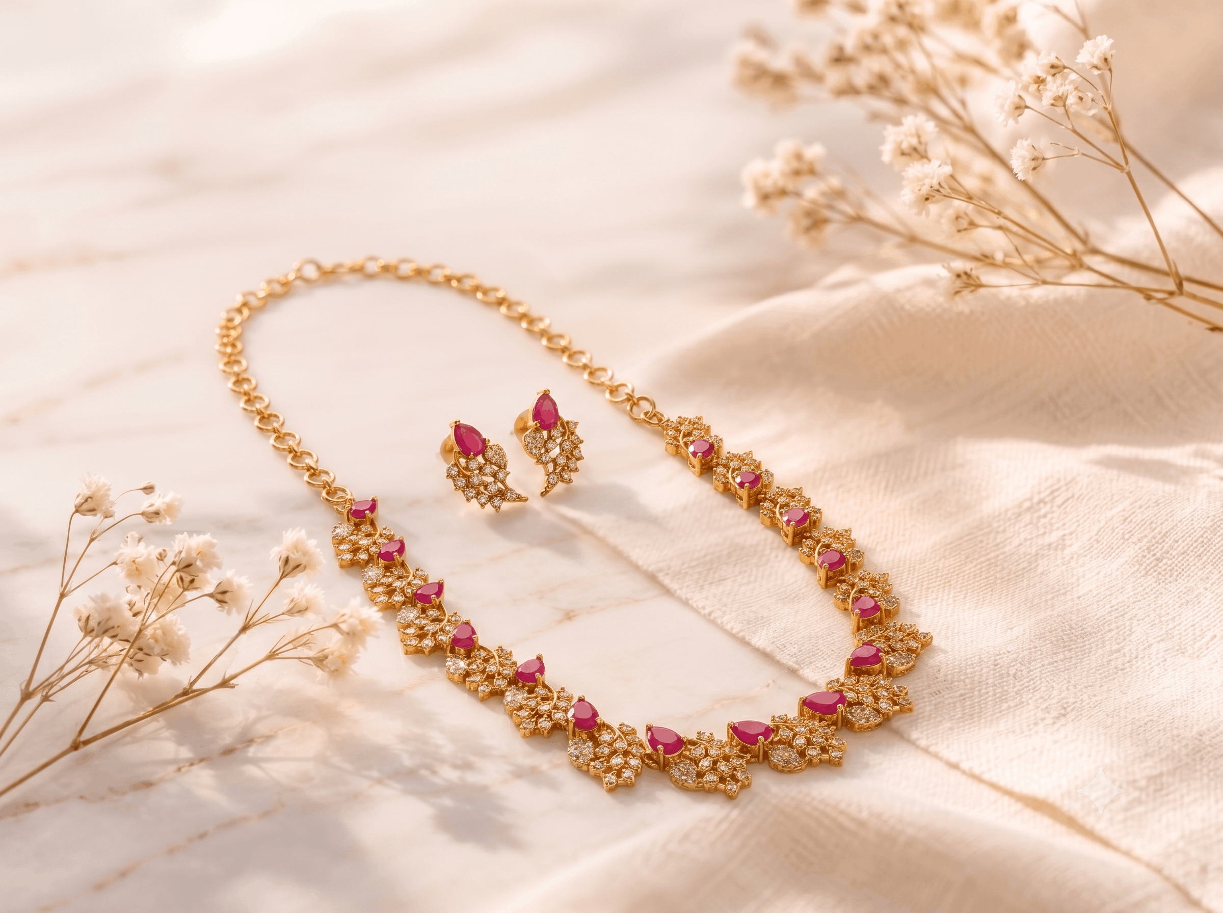 Ruby Bloom AD Stone Necklace Set