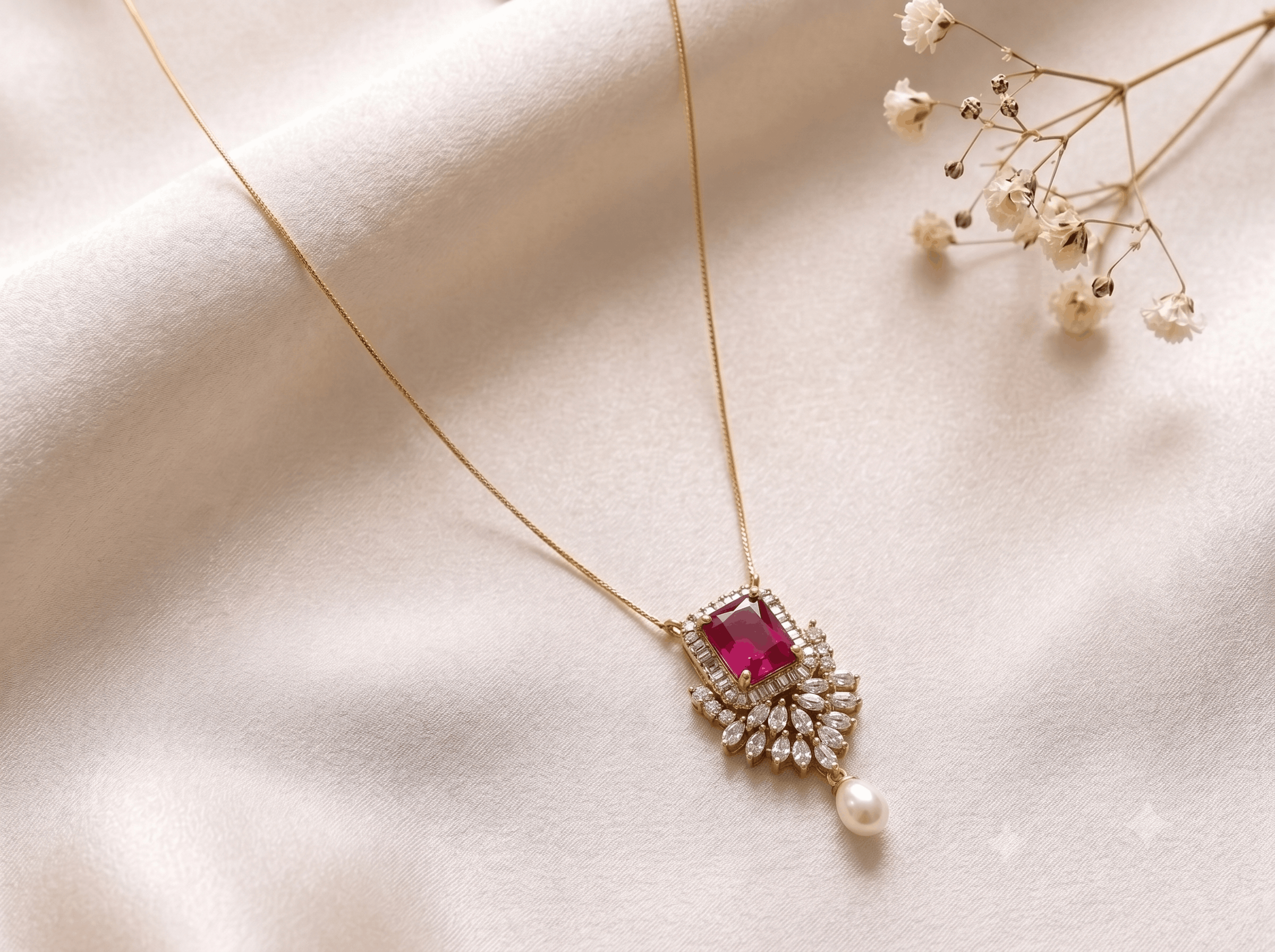 Ruby Sparkle Pearl Drop Chain