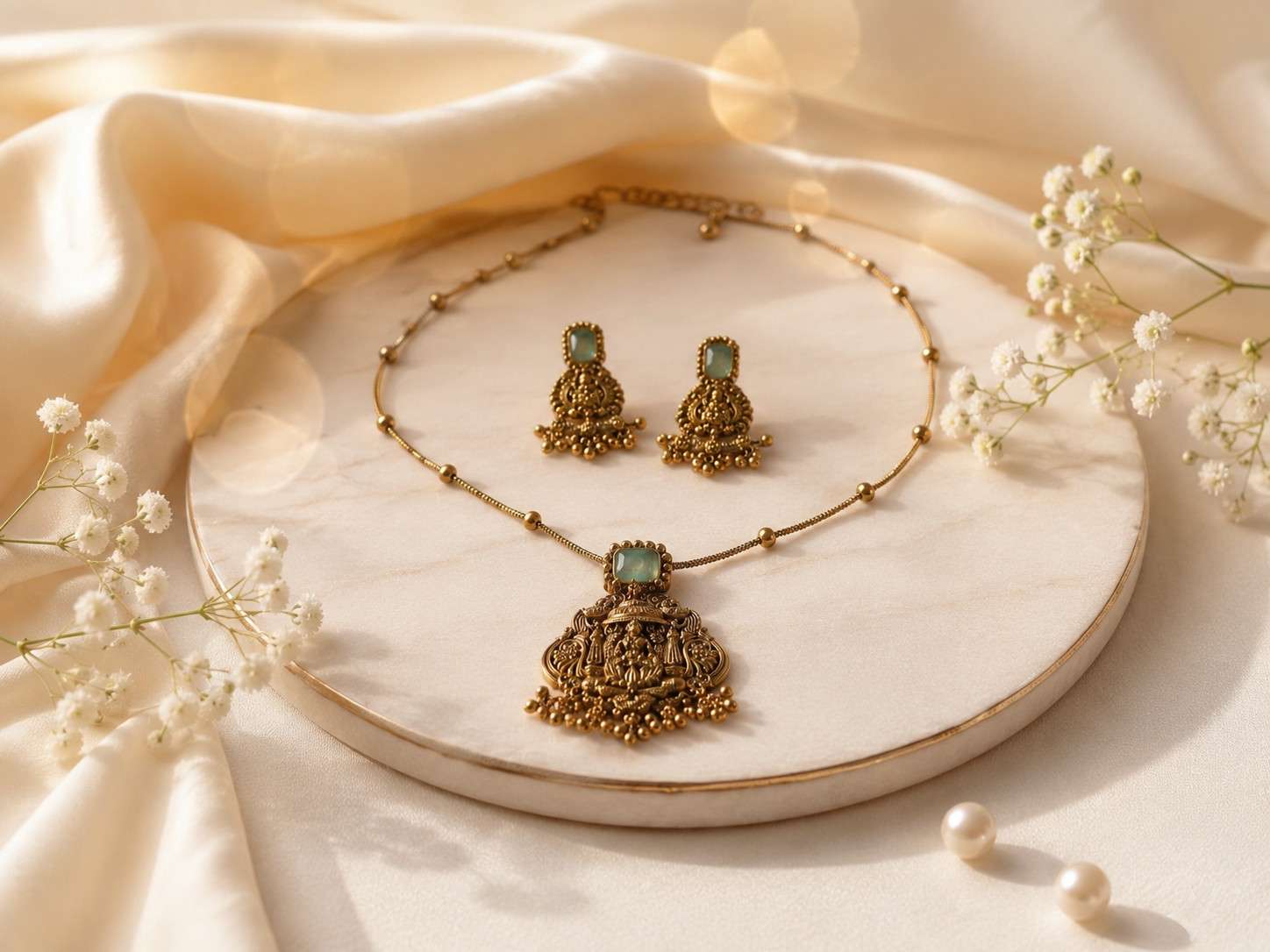Aqua Blue Stone Lakshmi Temple Necklace