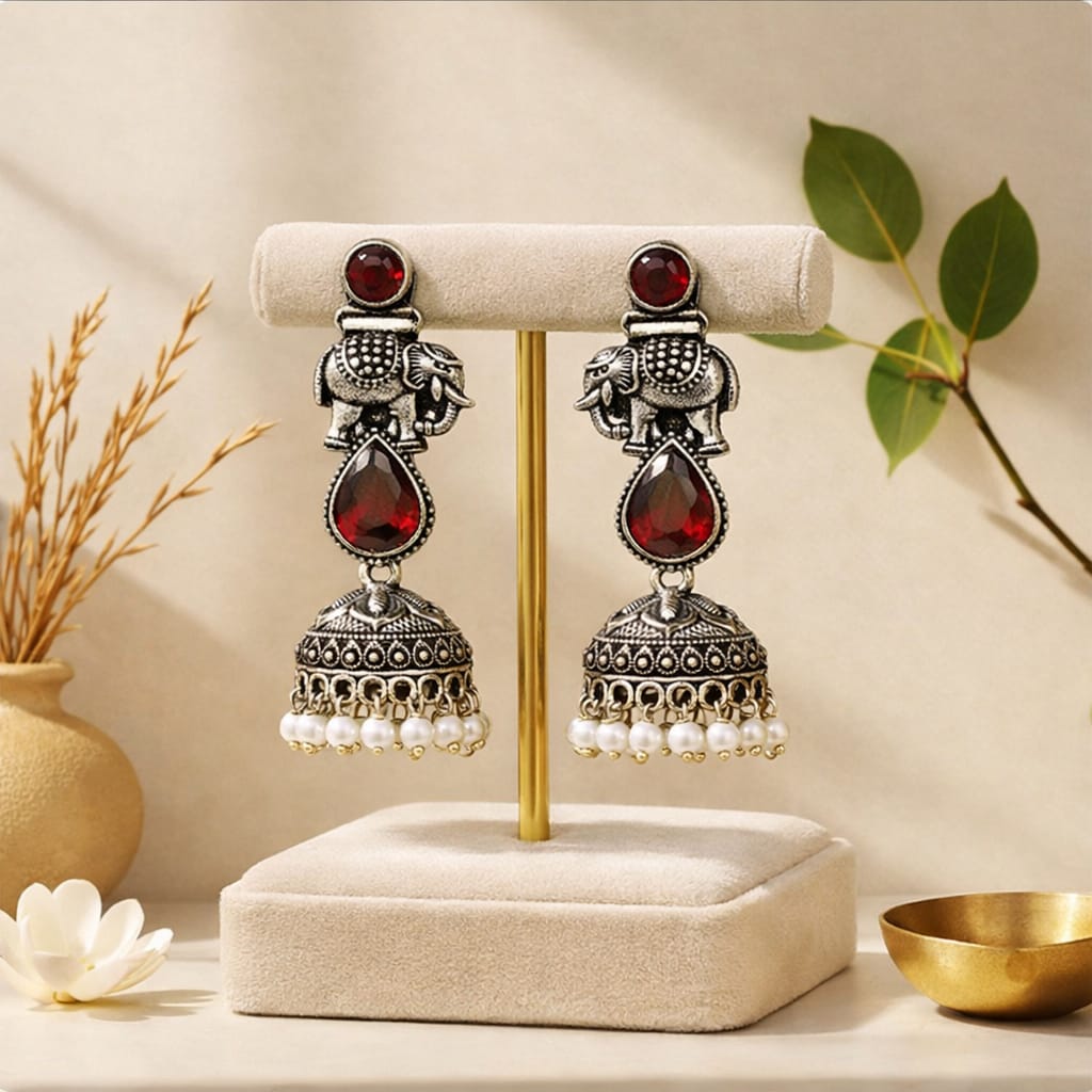 Ruby Elephant Oxidised Jhumka Earrings