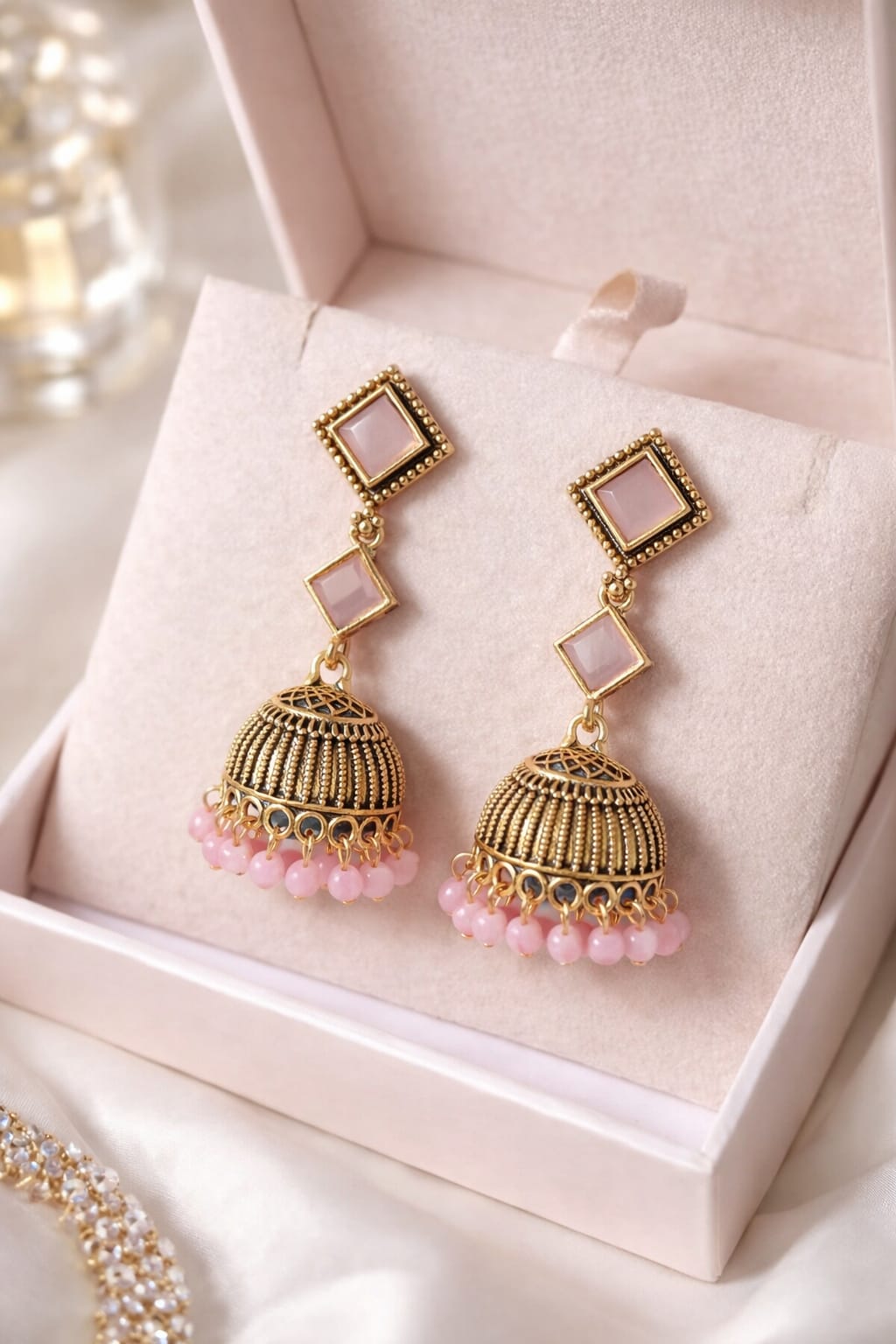 Blush Pink Stone Jhumka Earrings