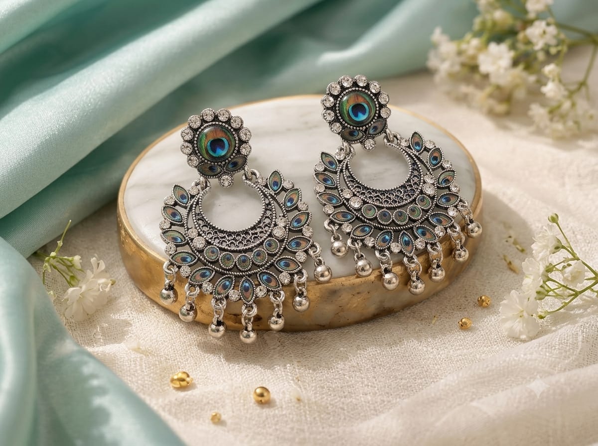 Peacock Motif Oxidised Chandbali Earrings