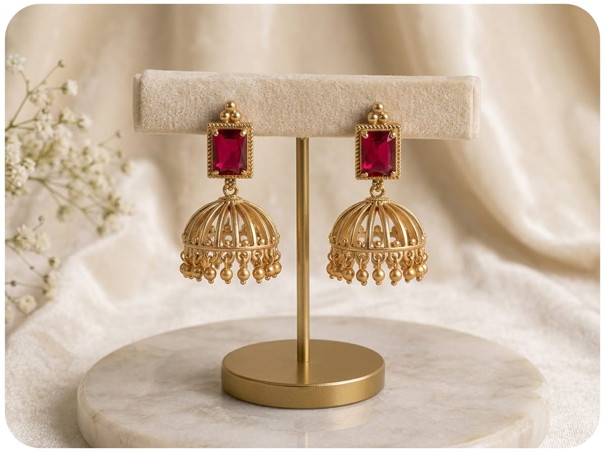 Ruby Stone Dome Jhumka Earrings