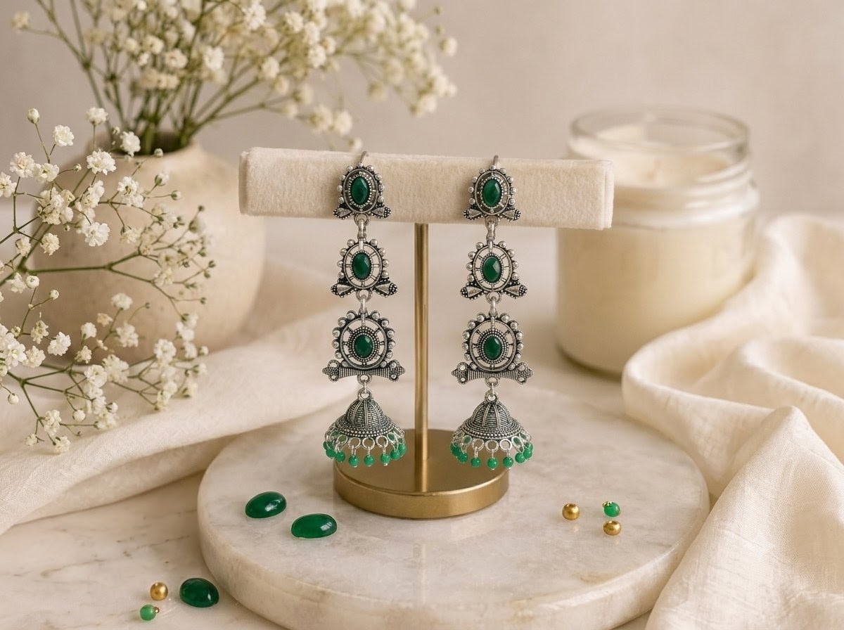 Emerald Green Oxidised Jhumka Earrings