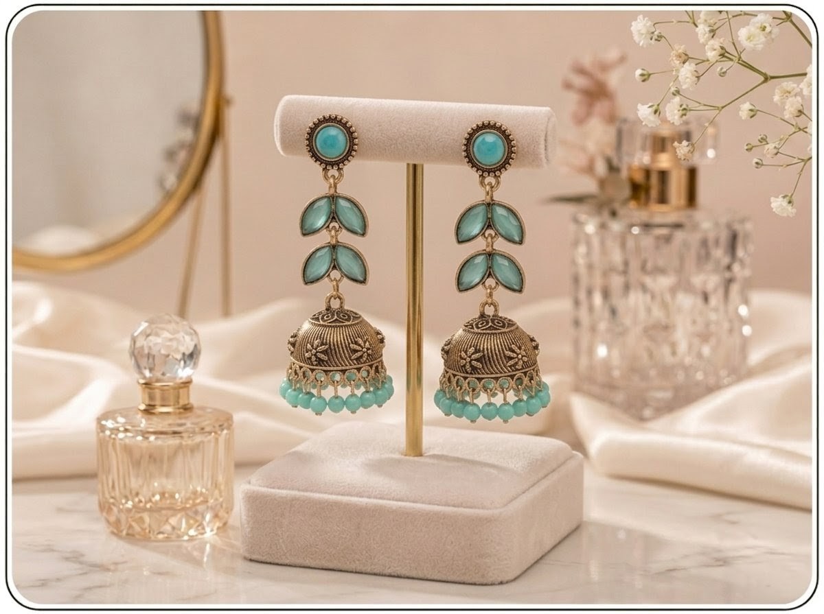 Turquoise Stone Oxidised Jhumkas